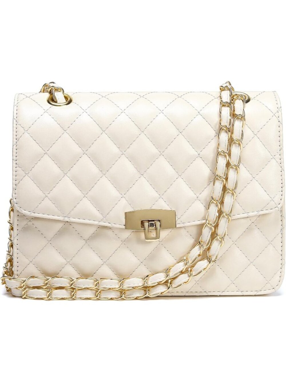 Womens Beige Quilted Leather Satchel Chain Strap Crossbody Shoulder Bag